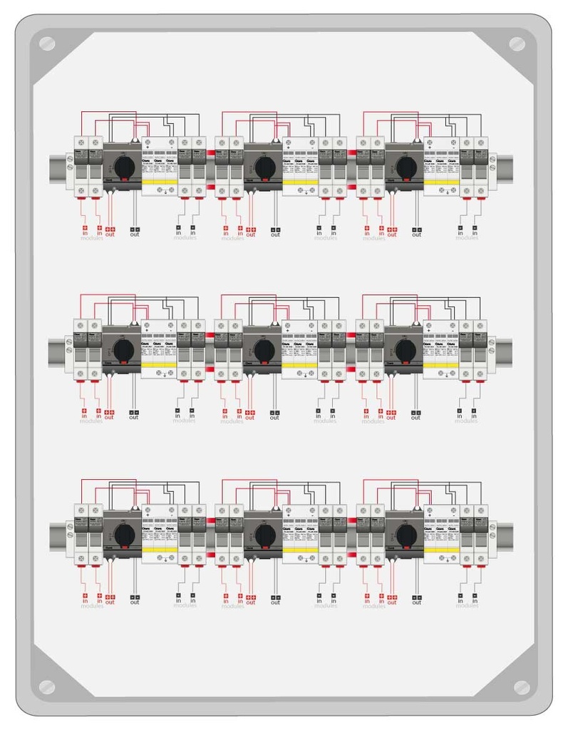 ARMARIO CONEXIÓN 1000V PV - 9 MPPT 2 STRING FUS 20A - SECCIONADOR 25A + PROTECTOR SOBRETENSIONES CLASE II