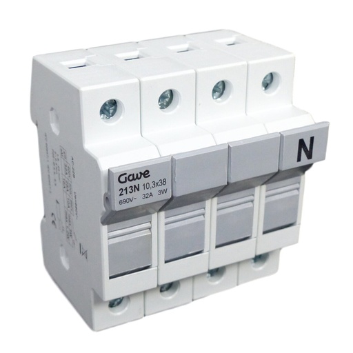 [213N] PORTAFUSIBLE  10X38 3P+N 32A.CARRIL DIN