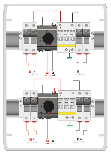 [STM21040P15/2] CAJA MODULAR CONEXIÓN PV 2MPPT - 2STR.FUS 15A + PROTECTOR SOBRETENSION II